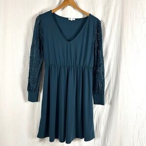 Maurices Teal Lace Sleeve Dress With Stretch Waist Medium Romantic Feminine